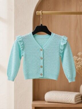 Girls' Light Blue Knit Button-Front Cardigan with Ruffle Shoulders